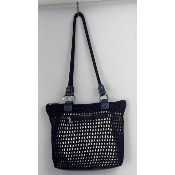 The Sak Navy Crochet Tote Bag With Zipper Pocket & Shoulder Straps - Picture 1 of 16